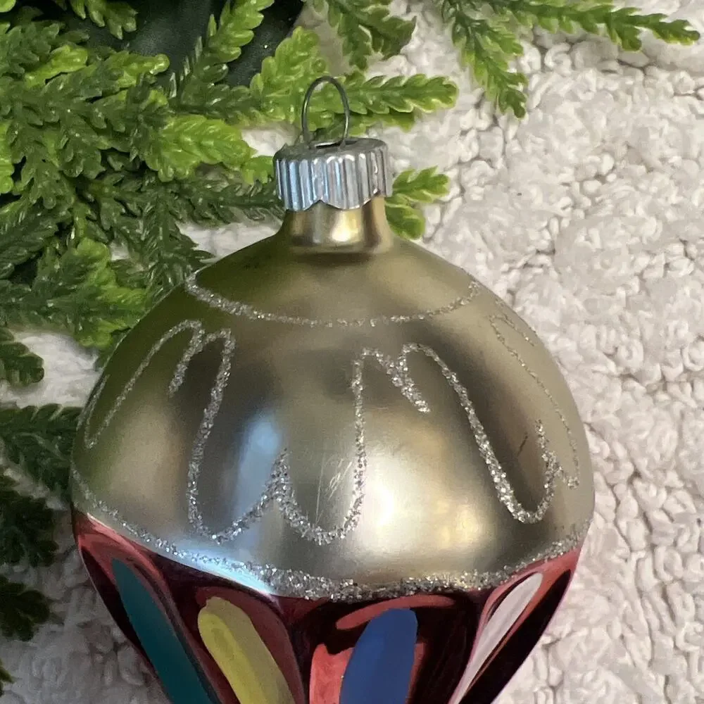Vintage Blown Glass Glitter Fluted PARACHUTE DROP Christmas Ornament Red Silver